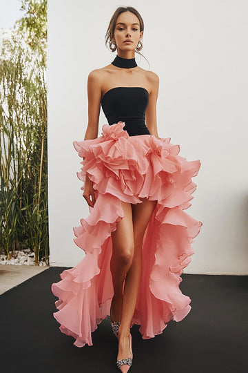 Black Pink Chiffon Strapless A Line Ruffled High-Low Cocktail Dress